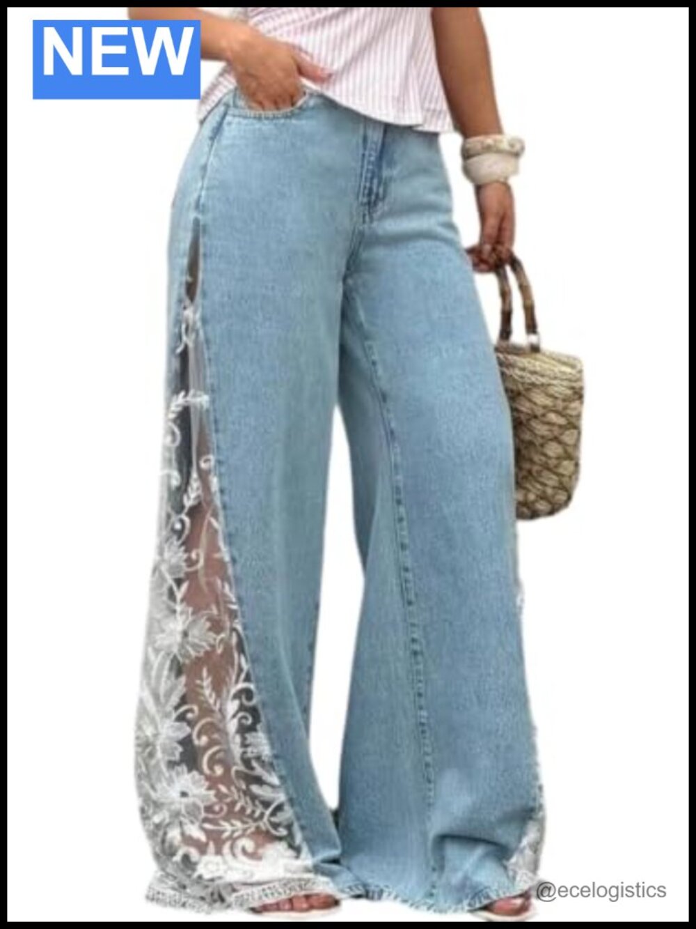 High Waist Wide Leg Floral Lace Patchwork Jeans for Women Baggy Y2K Boho
